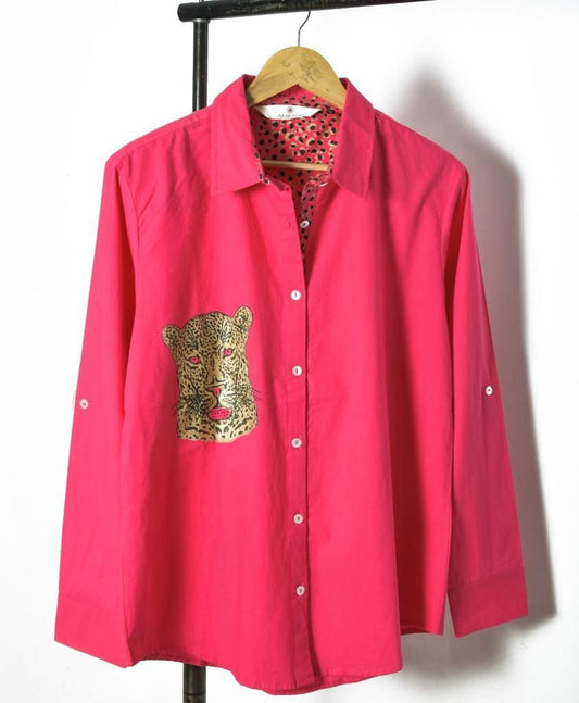 Pink Cheetah Chic: Stand Collar Cotton Shirt