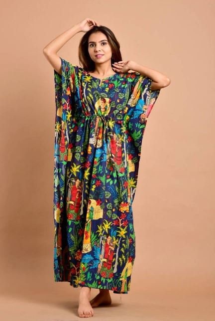 Hand Block- Print Blue Frida Kahlo Cotton Kaftan