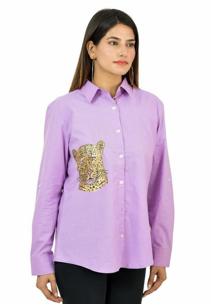 Purple Cheetah Chic: Stand Collar Cotton Shirt