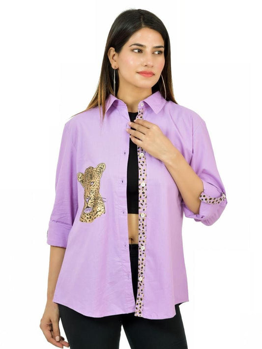 Purple Cheetah Chic: Stand Collar Cotton Shirt