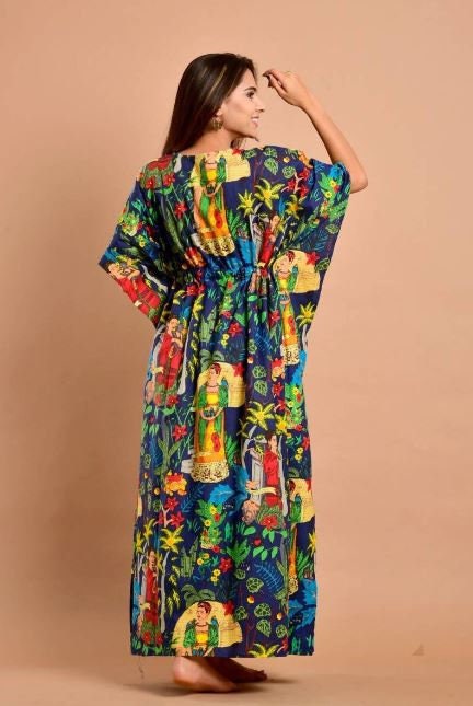 Hand Block- Print Blue Frida Kahlo Cotton Kaftan