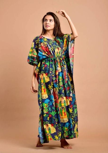 Hand Block- Print Blue Frida Kahlo Cotton Kaftan