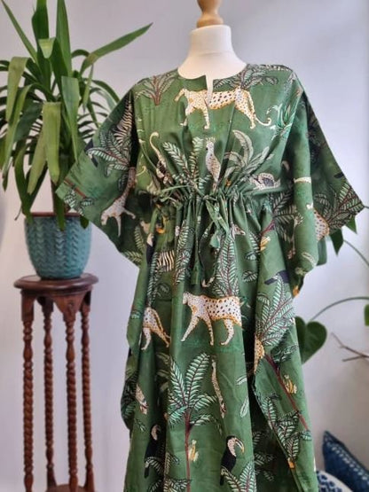 Hand Block Printed Cotton Kaftan in Jungle Green
