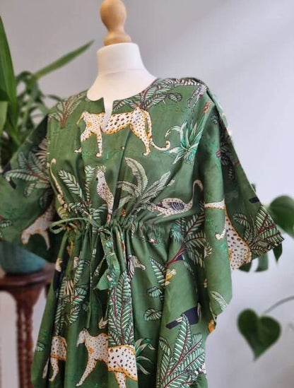 Hand Block Printed Cotton Kaftan in Jungle Green