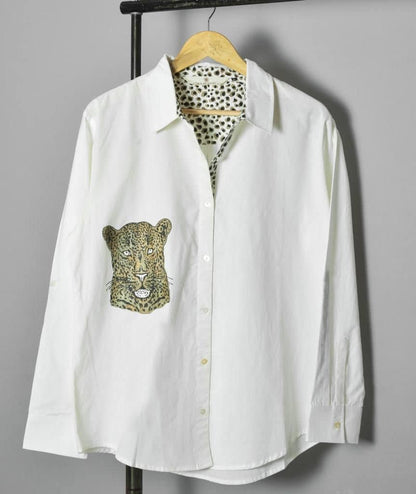 White Cheetah Chic: Stand Collar Cotton Shirt